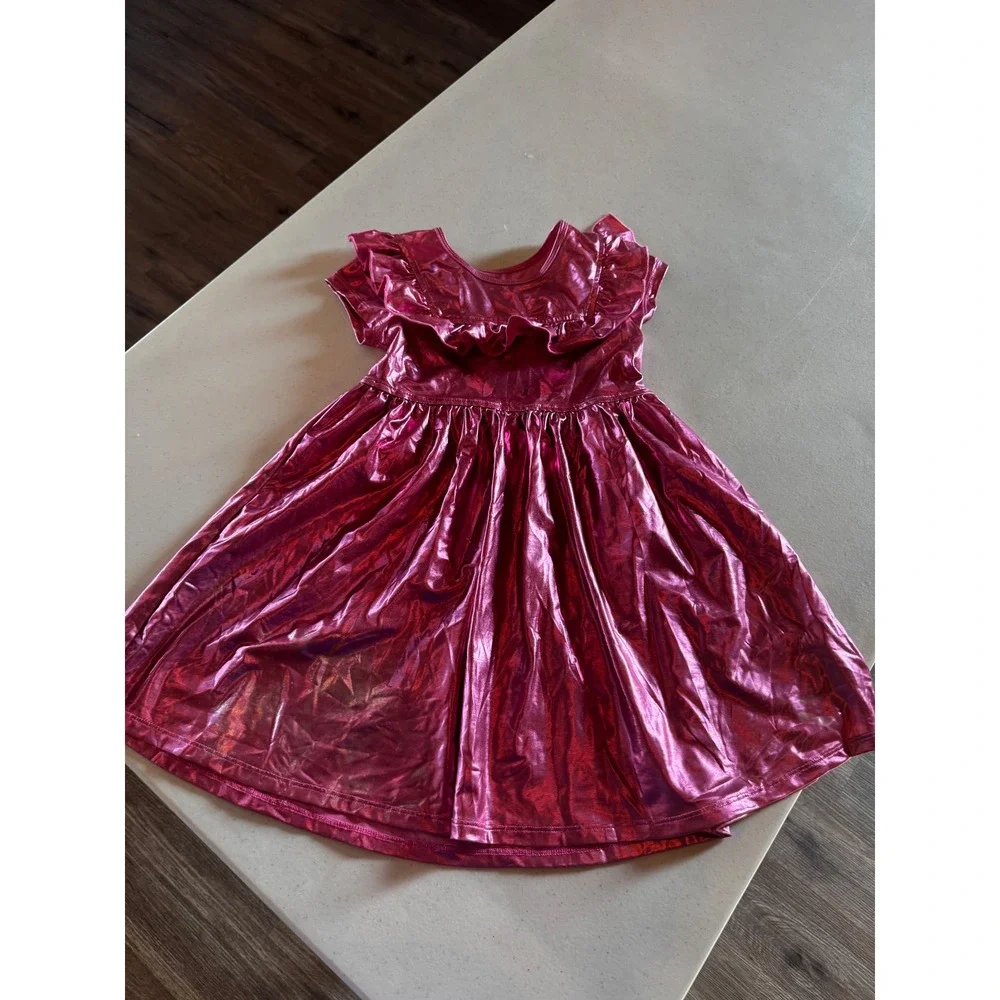 NK Chicken Girls Pink Metallic Ruffle Flutter Sleeve Party Twirl Dress